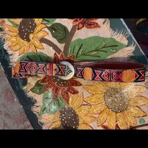 Vintage Southwestern Patterned Leather Belt with Decorative Buckle